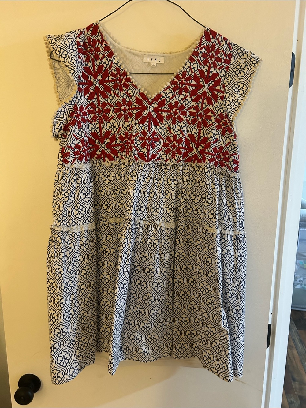 THML Red Embroidered & Navy Patterned Girls Dress